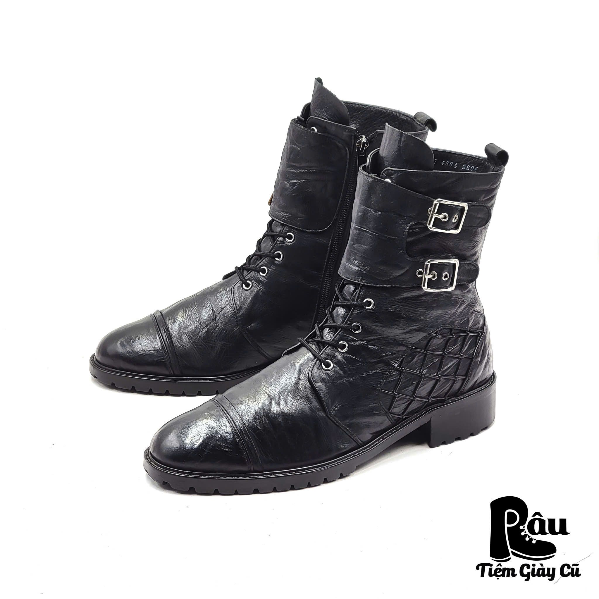 |SIZE 44| SHOESOLLE HANDMADE DOUBLE BUCKLE STRAPS BLACK WALKER BOOT Z44-6875