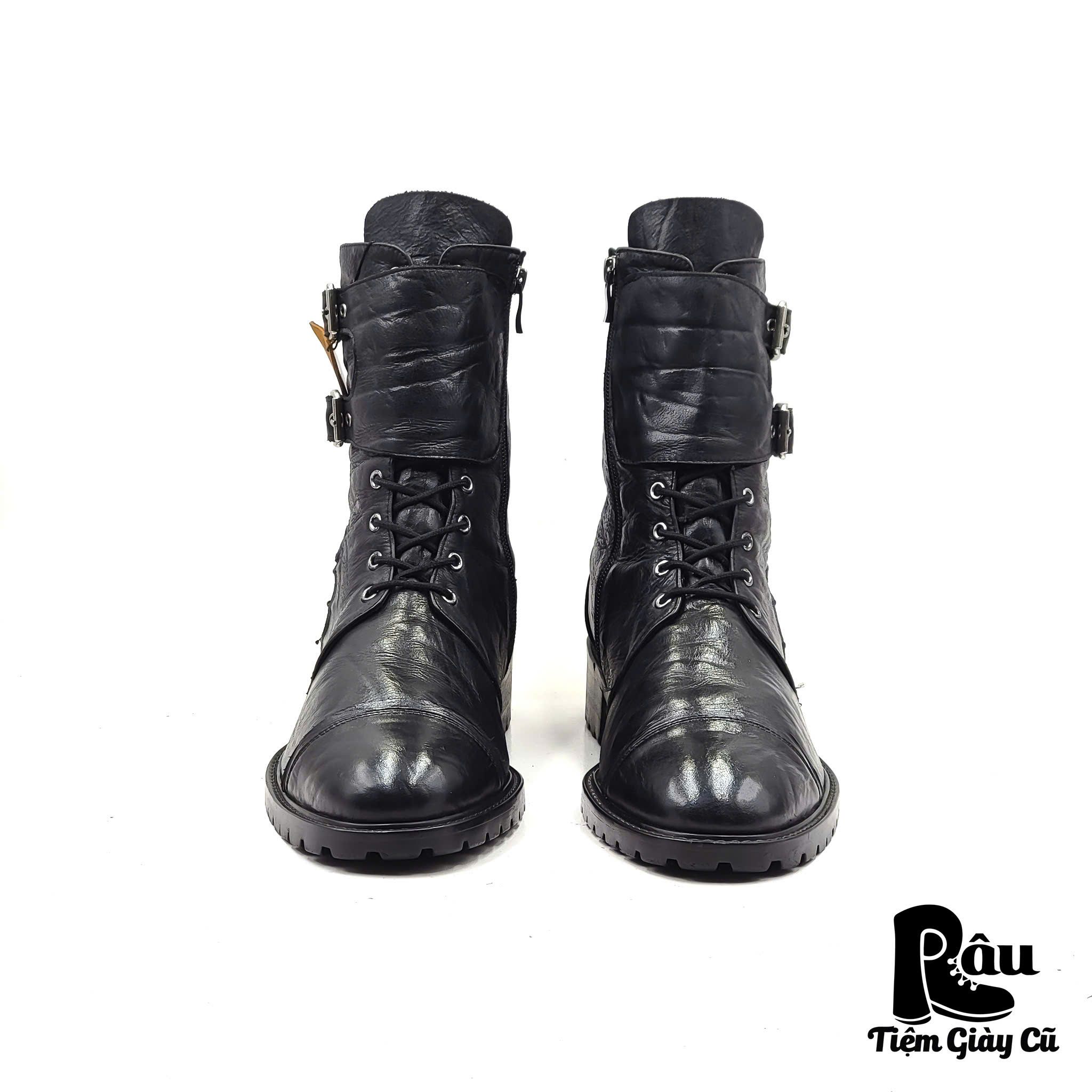 |SIZE 44| SHOESOLLE HANDMADE DOUBLE BUCKLE STRAPS BLACK WALKER BOOT Z44-6875
