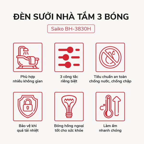 Đèn Sưởi Nhà Tắm Saiko 3 Bóng BH-3830H 825W