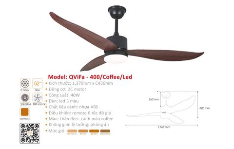 Quạt trần trang trí hiện đại cánh nhựa QVifa - 400/Đen