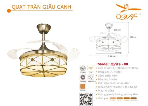 Quạt trần đèn trang trí hiện đại cánh nhựa QVifa - 08