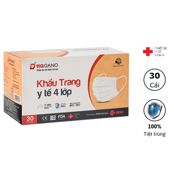 Hộp khẩu trang y tế quai 3D mới HQGANO 4 lớp kèm giấy kháng khuẩn, chất liệu mềm mại, đạt chuẩn xuất khẩu(30 Cái/Hộp)