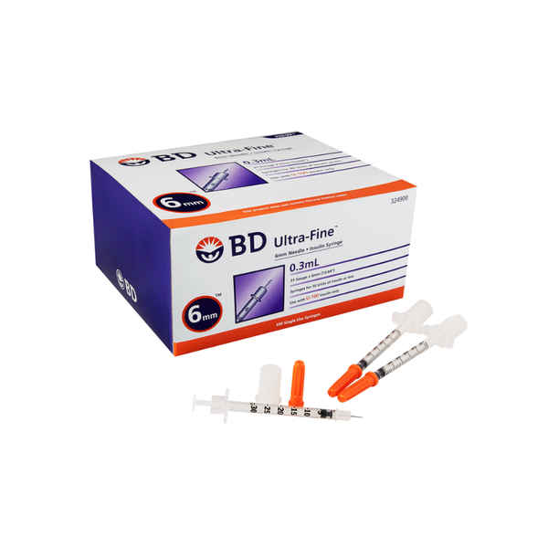 Bơm tiêm insulin BD Ultra-Fine™ 6mm, 0.3cc 31G dành cho người điều trị tiểu đường, hộp 10 túi (10 cây/túi)