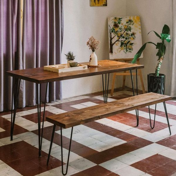 Bộ bàn ăn gia đình gỗ tự nhiên chân sắt hairpin