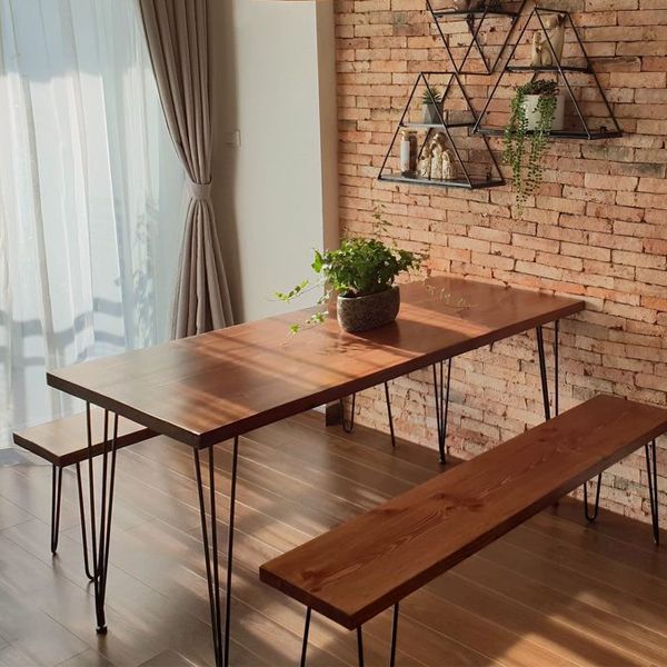 Bộ bàn ăn gia đình gỗ tự nhiên chân sắt hairpin