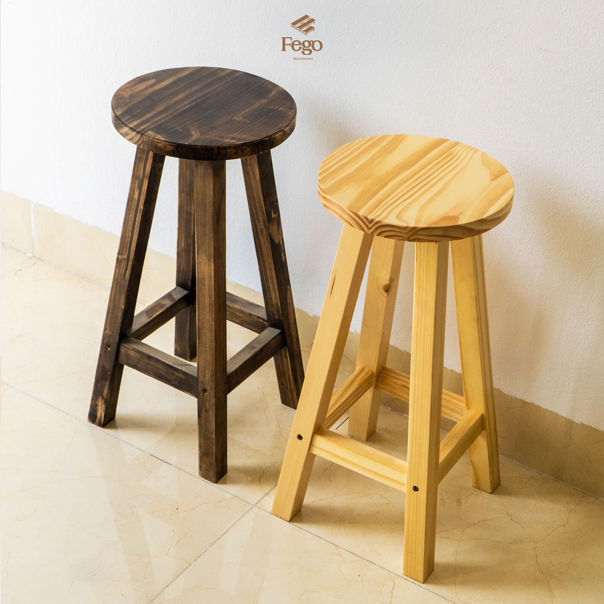 Ghế đôn gỗ thông FEGO mặt tròn vân gỗ nổi trang trí decor