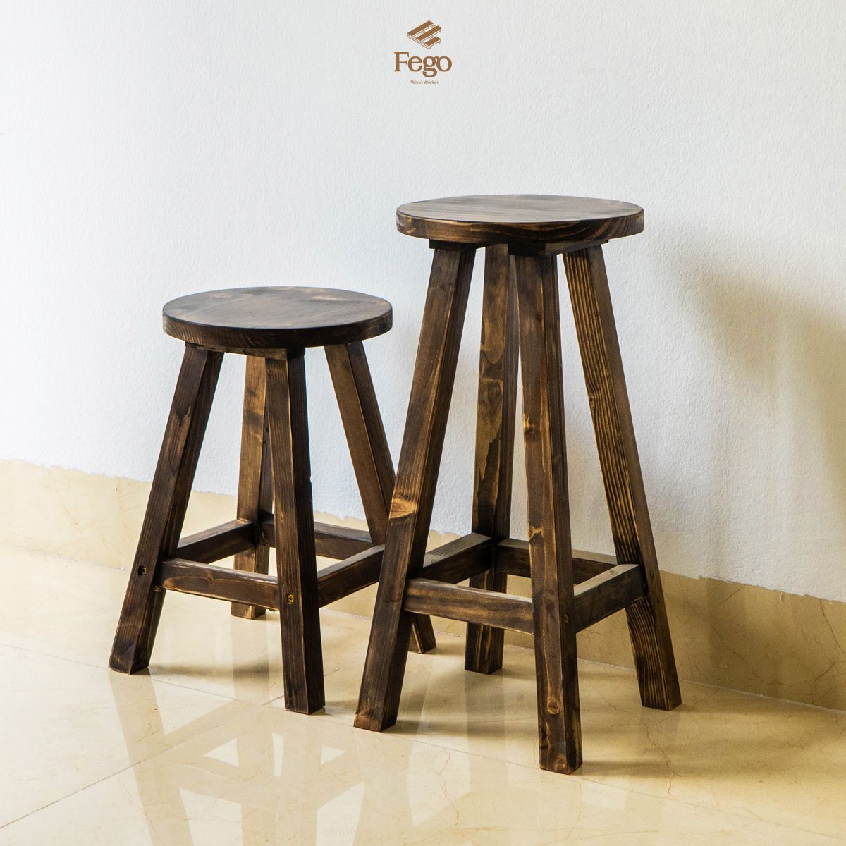 Ghế đôn gỗ thông FEGO mặt tròn vân gỗ nổi trang trí decor