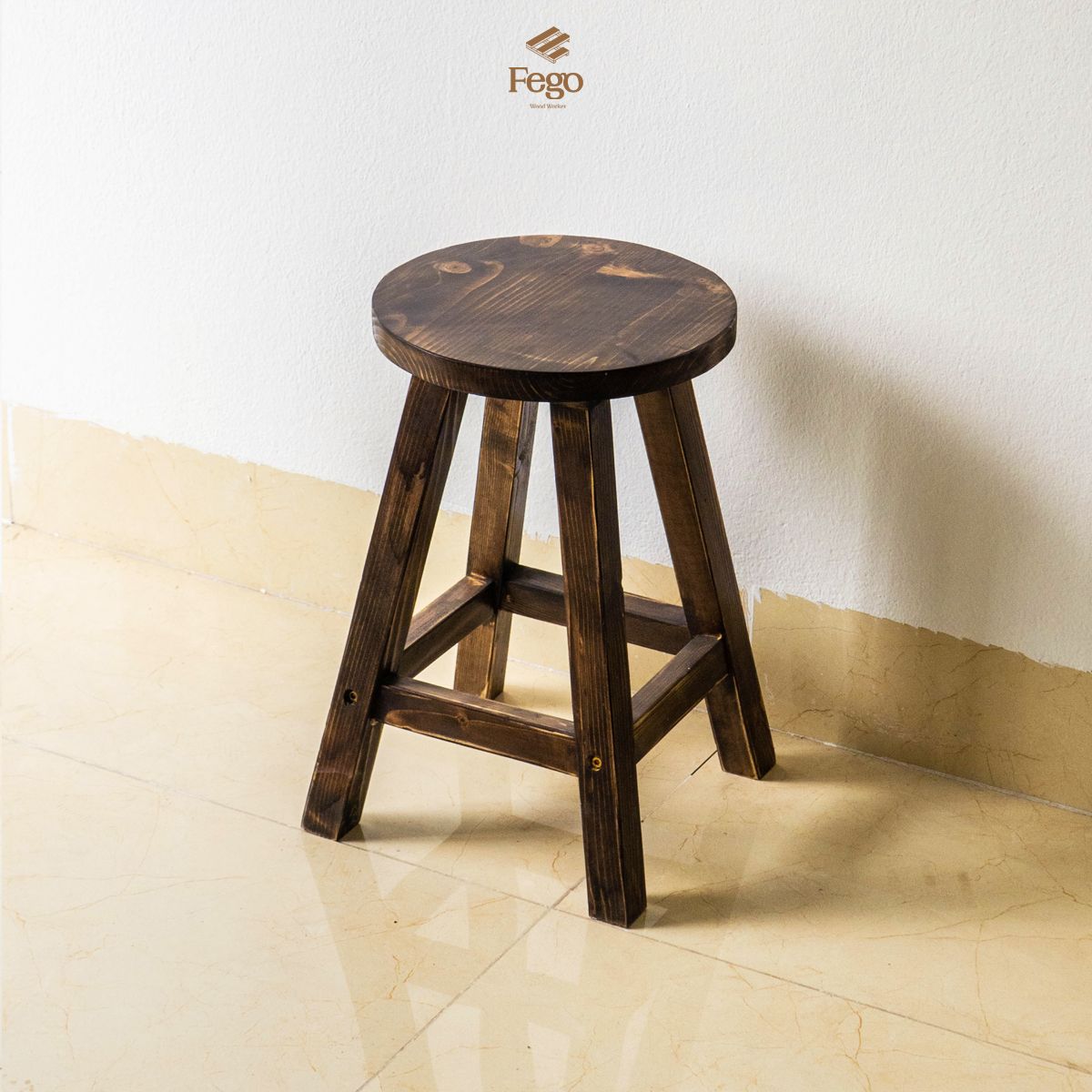 Ghế đôn gỗ thông FEGO mặt tròn vân gỗ nổi trang trí decor