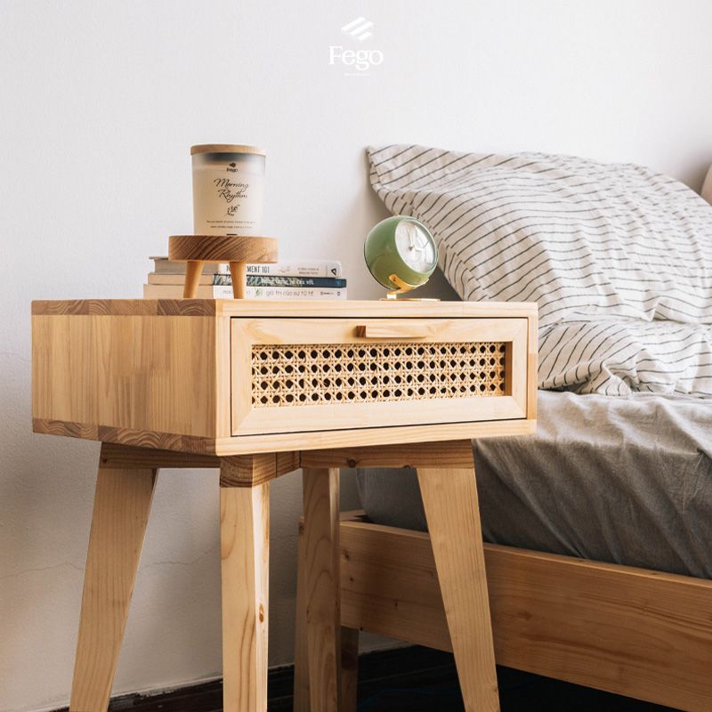 Kệ đầu giường gỗ tự nhiên mây đan FEGO có ngăn kéo