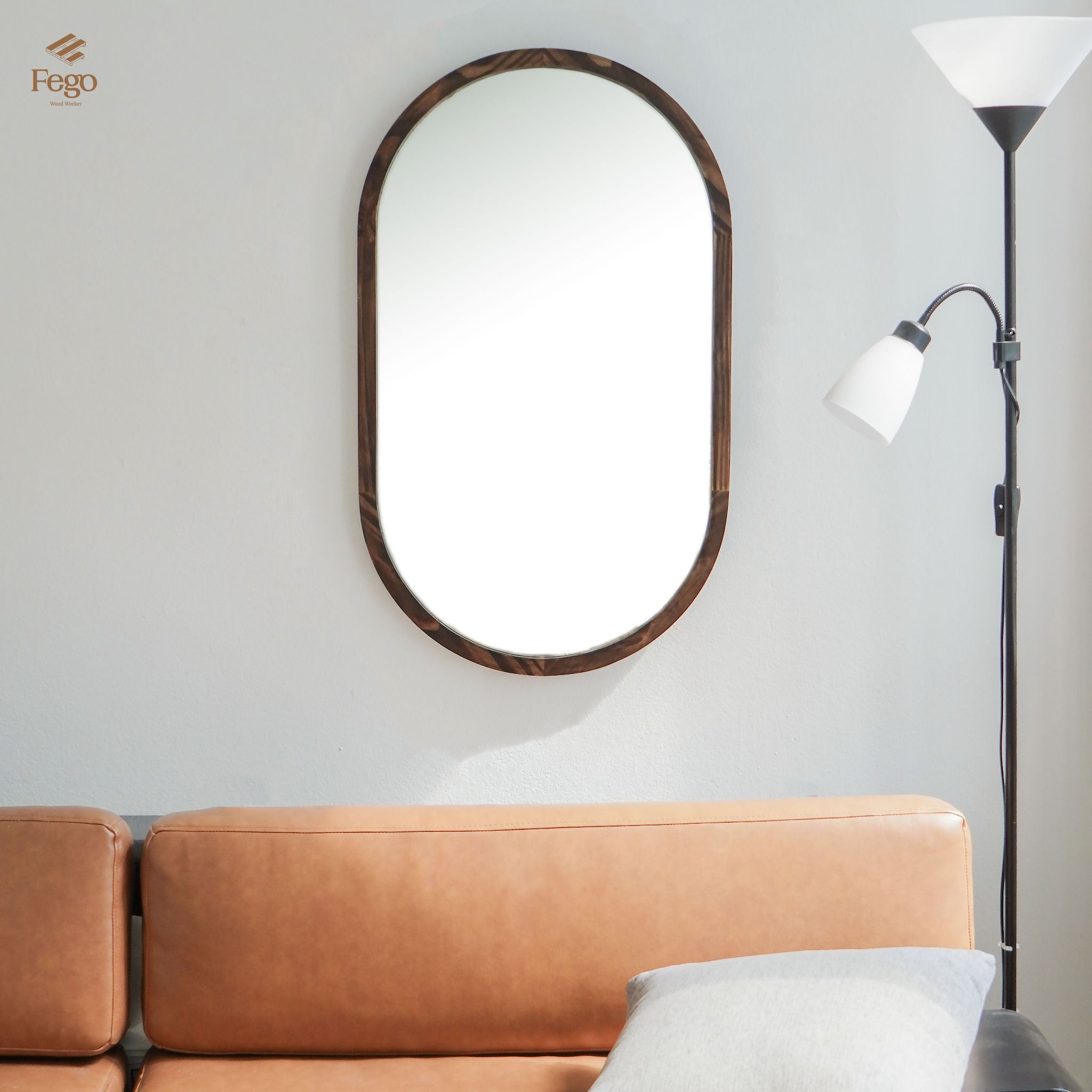 Gương bầu dục treo tường viền gỗ tự nhiên FEGO sang trọng để phòng khách, nhà tắm, decor cửa hàng