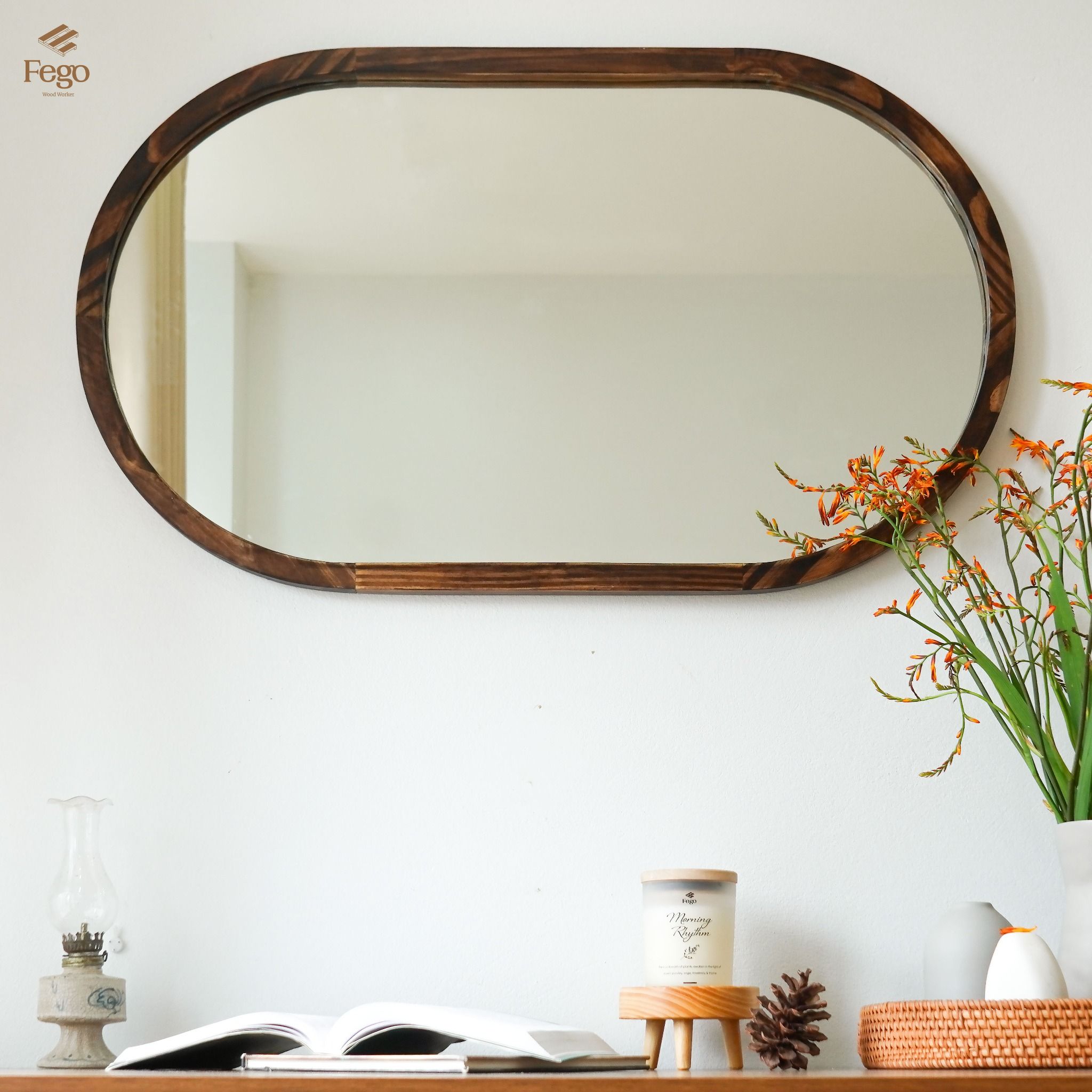 Gương bầu dục treo tường viền gỗ tự nhiên FEGO sang trọng để phòng khách, nhà tắm, decor cửa hàng