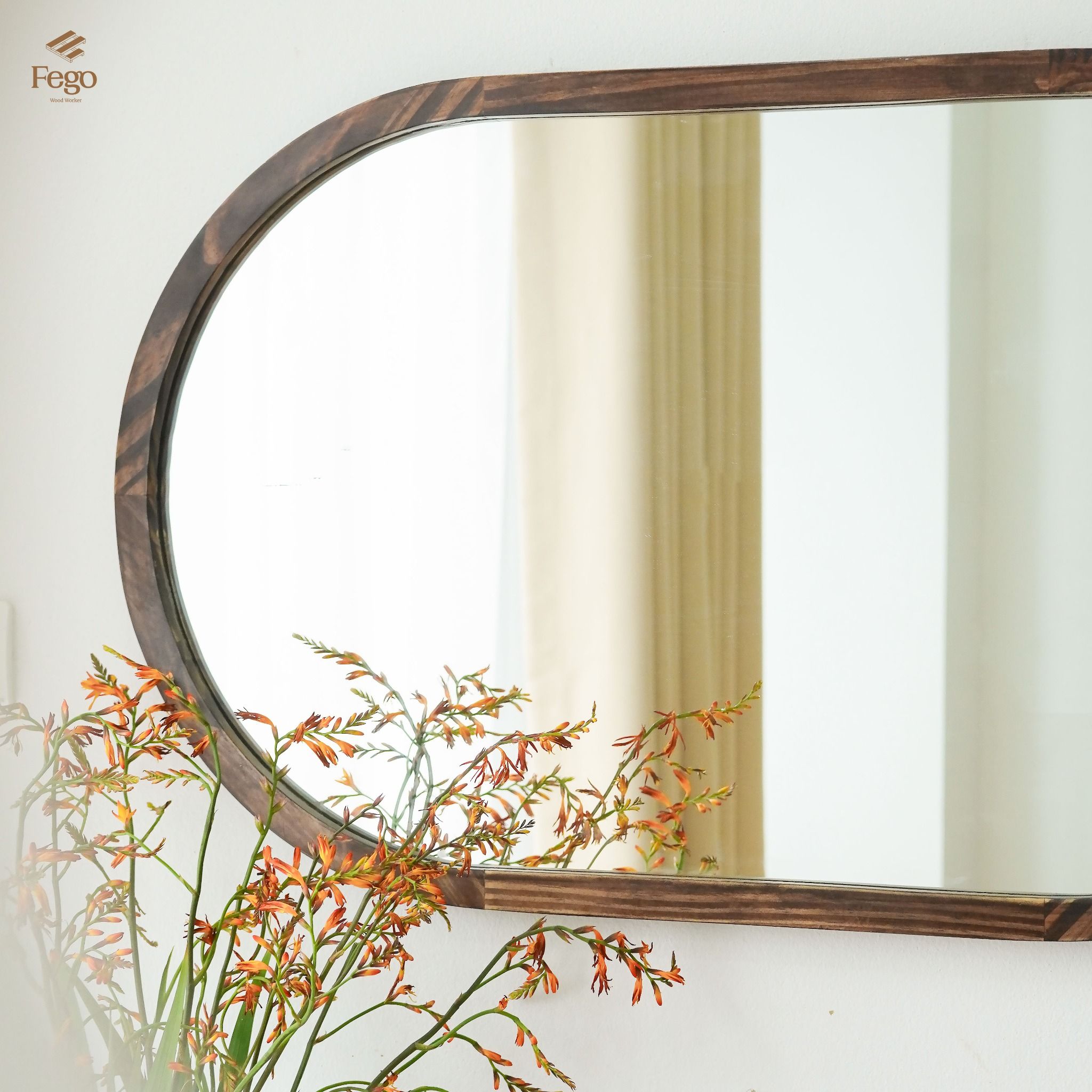 Gương bầu dục treo tường viền gỗ tự nhiên FEGO sang trọng để phòng khách, nhà tắm, decor cửa hàng