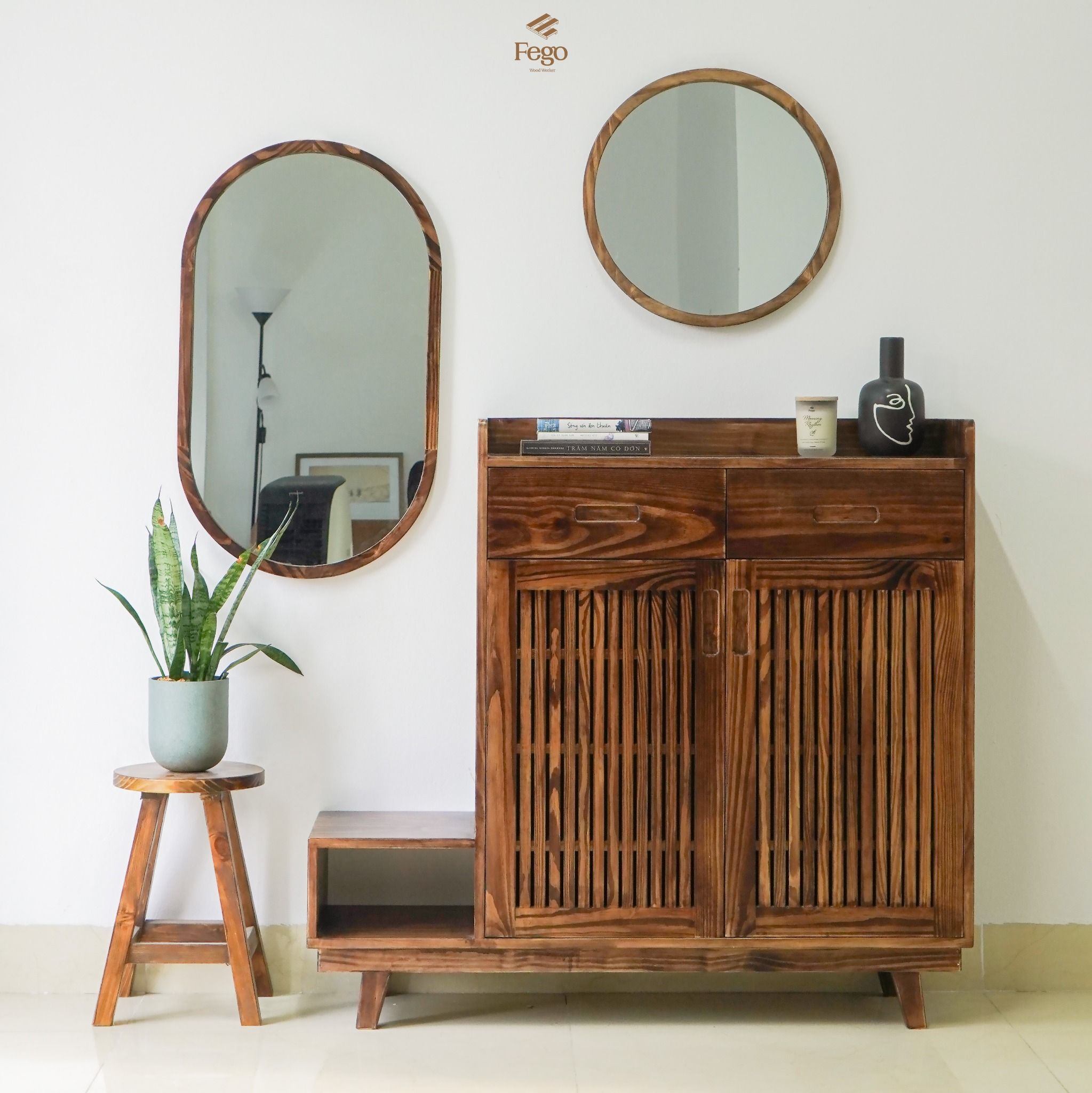 Gương bầu dục treo tường viền gỗ tự nhiên FEGO sang trọng để phòng khách, nhà tắm, decor cửa hàng