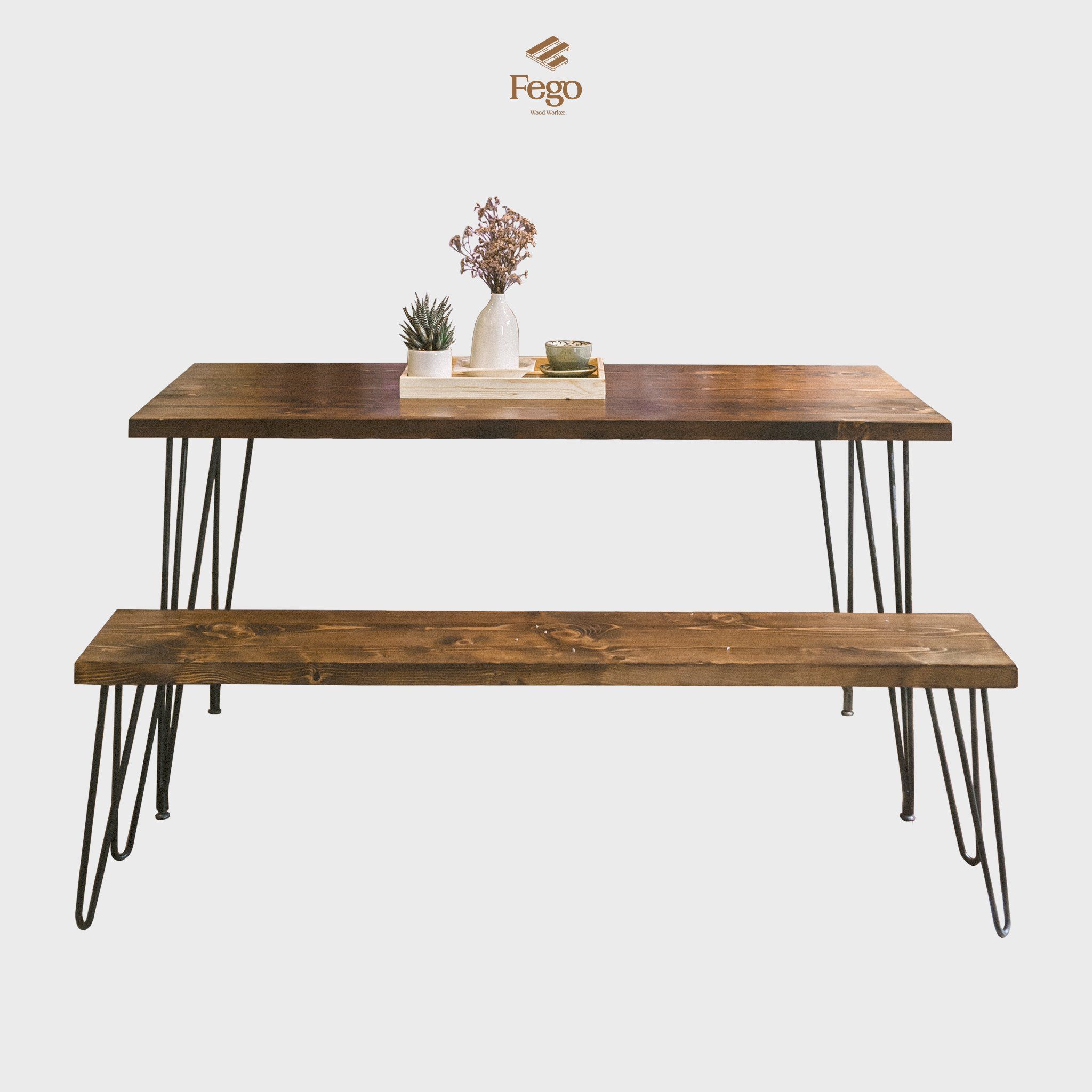 Bộ bàn ăn gia đình gỗ tự nhiên chân sắt hairpin