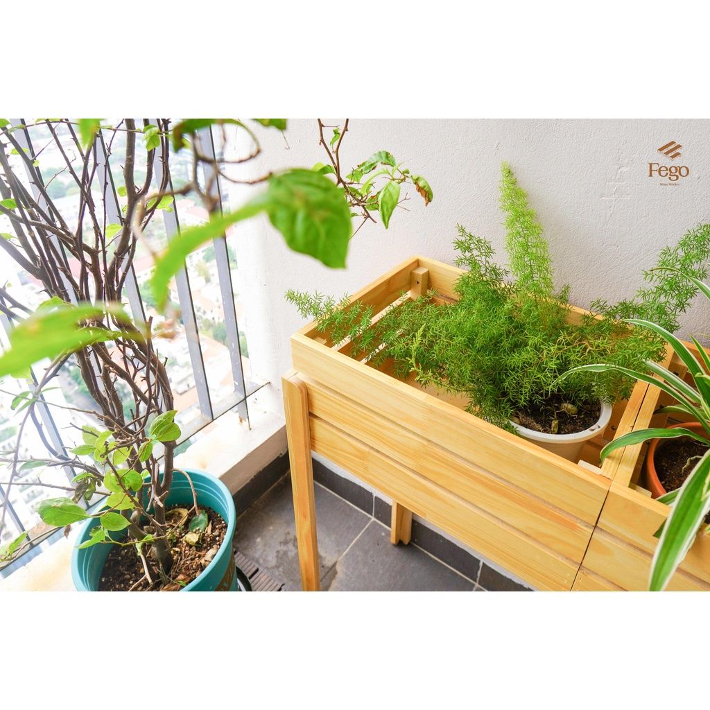 Kệ đựng cây cảnh ngoài trời gỗ thông tự nhiên FEGO decor, trang trí ban công