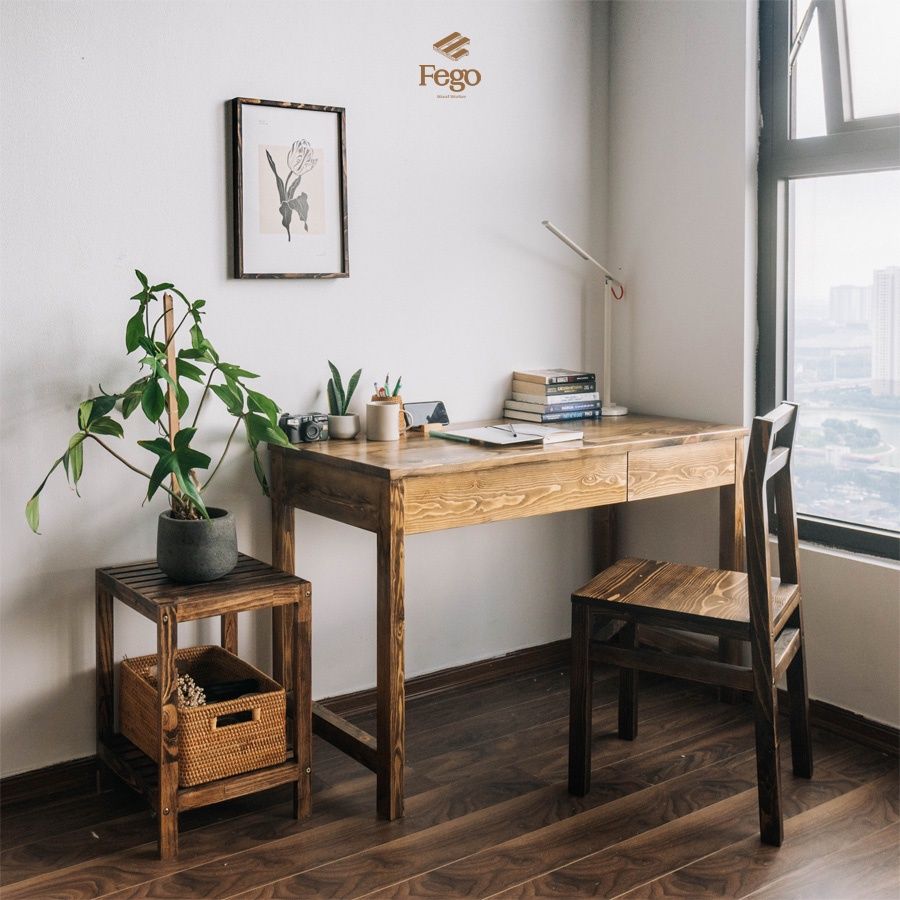 Bàn Dora / Bàn làm việc 2 ngăn kéo tiện lợi gỗ thông tự nhiên