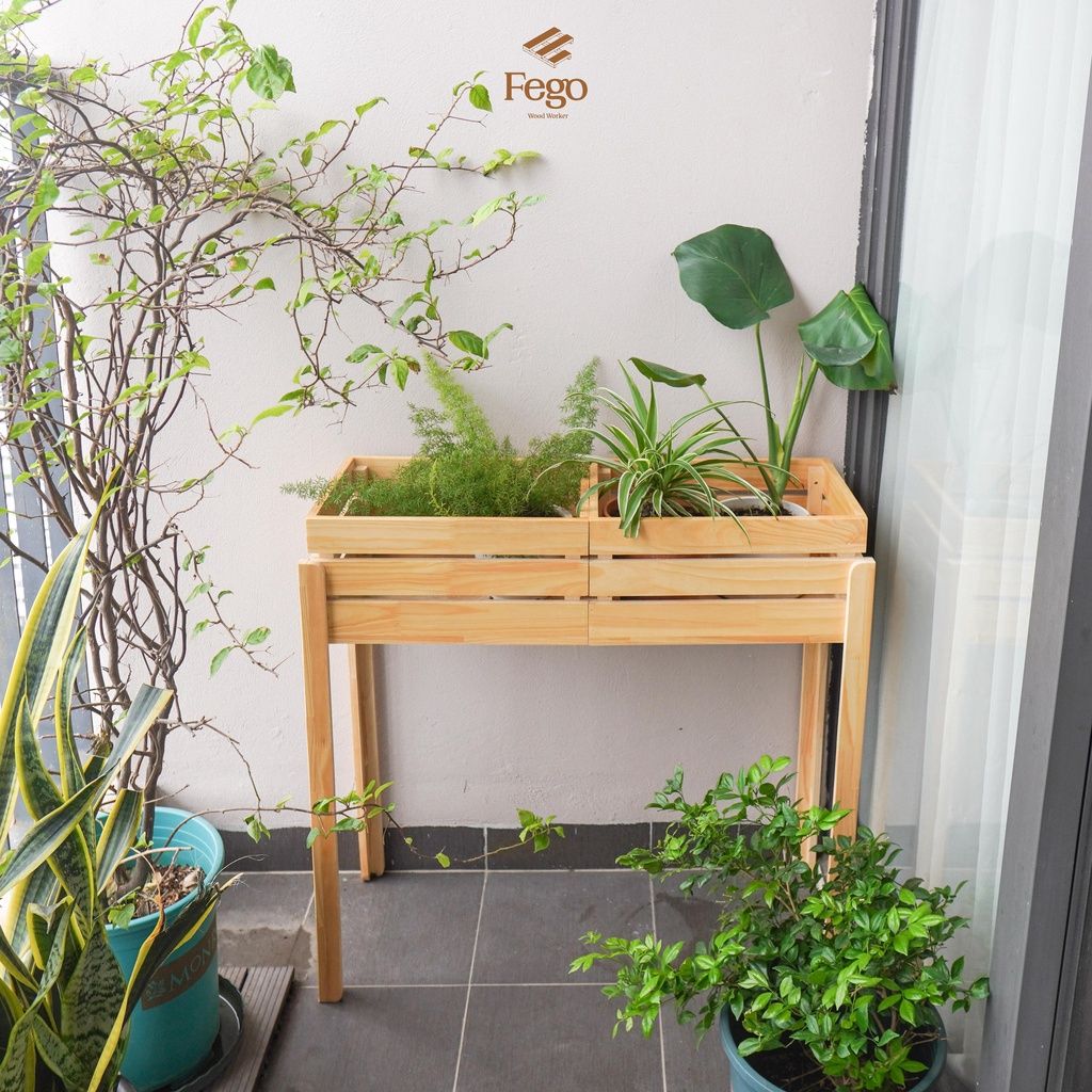 Kệ đựng cây cảnh ngoài trời gỗ thông tự nhiên FEGO decor, trang trí ban công