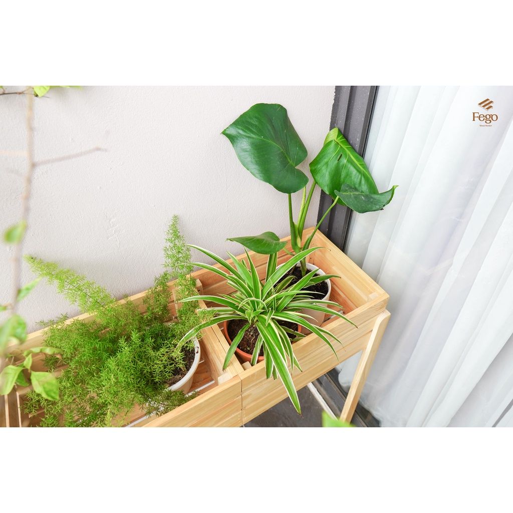 Kệ đựng cây cảnh ngoài trời gỗ thông tự nhiên FEGO decor, trang trí ban công