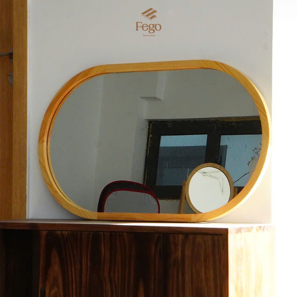 Gương bầu dục treo tường viền gỗ tự nhiên FEGO sang trọng để phòng khách, nhà tắm, decor cửa hàng