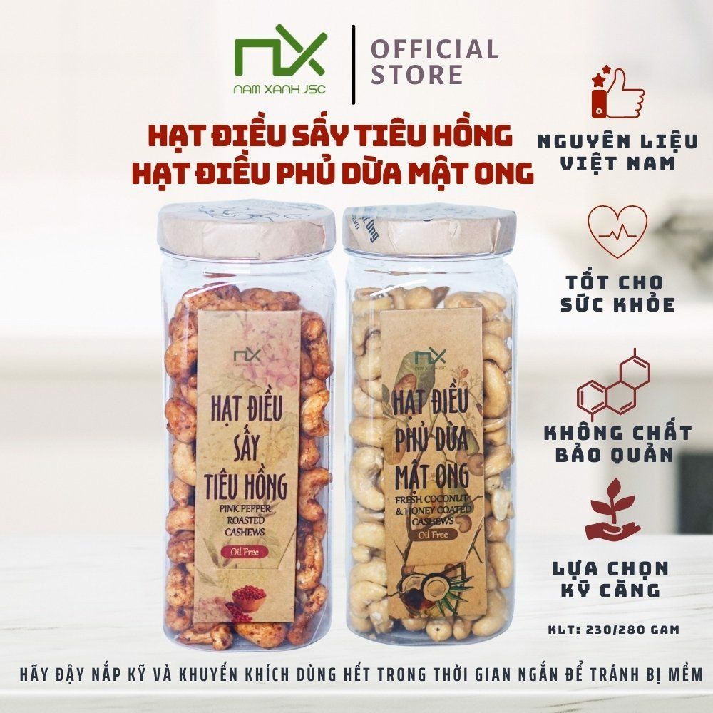 COMBO ĐIỀU VỊ NAM XANH (HẠT ĐIỀU SẤY TIÊU HỒNG NAM XANH 230G (280G), HẠT ĐIỀU PHỦ DỪA MẬT ONG 230G (280G))