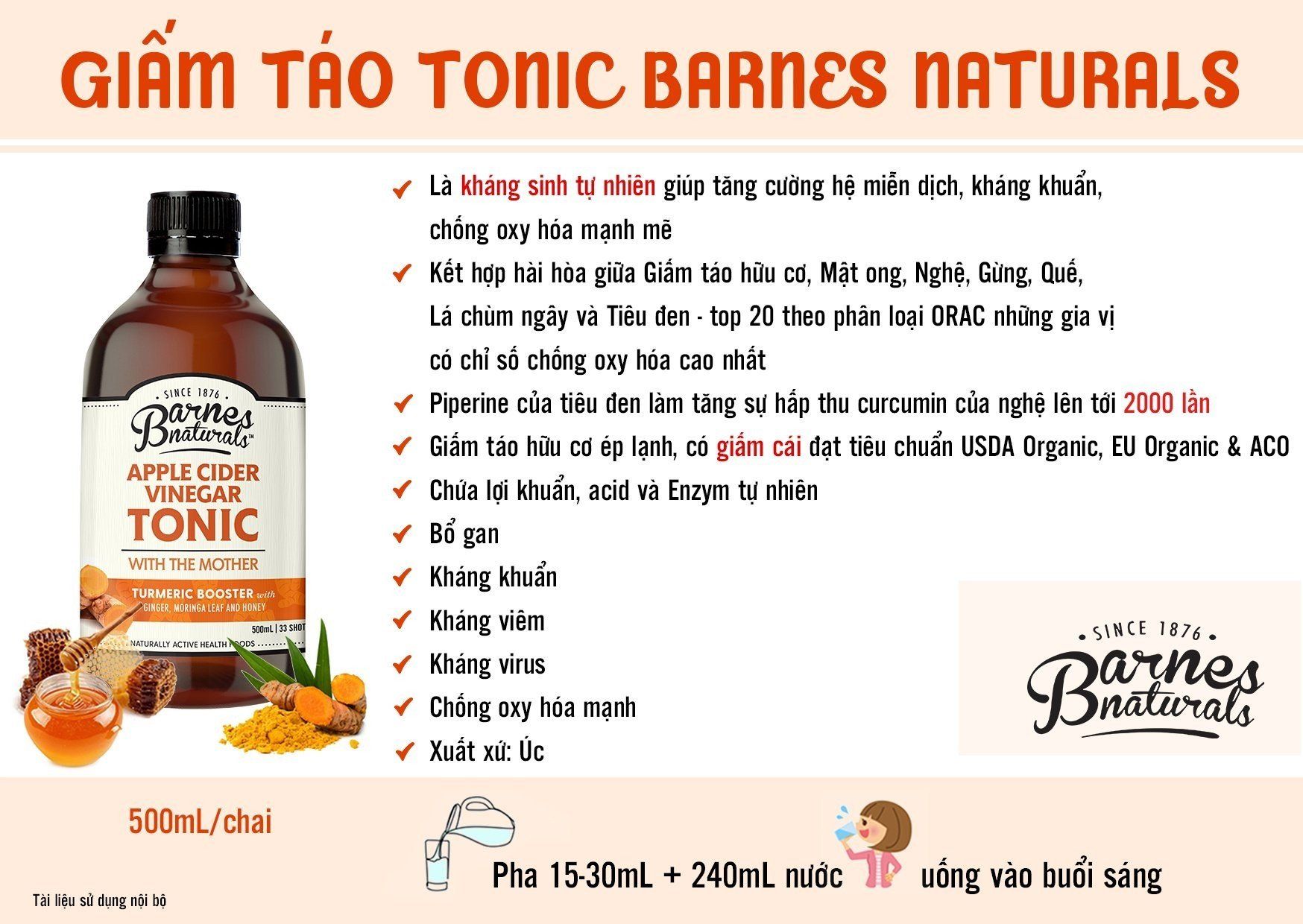 Giấm táo mật ong Tonic Manuka Barnes Naturals chai 500ml