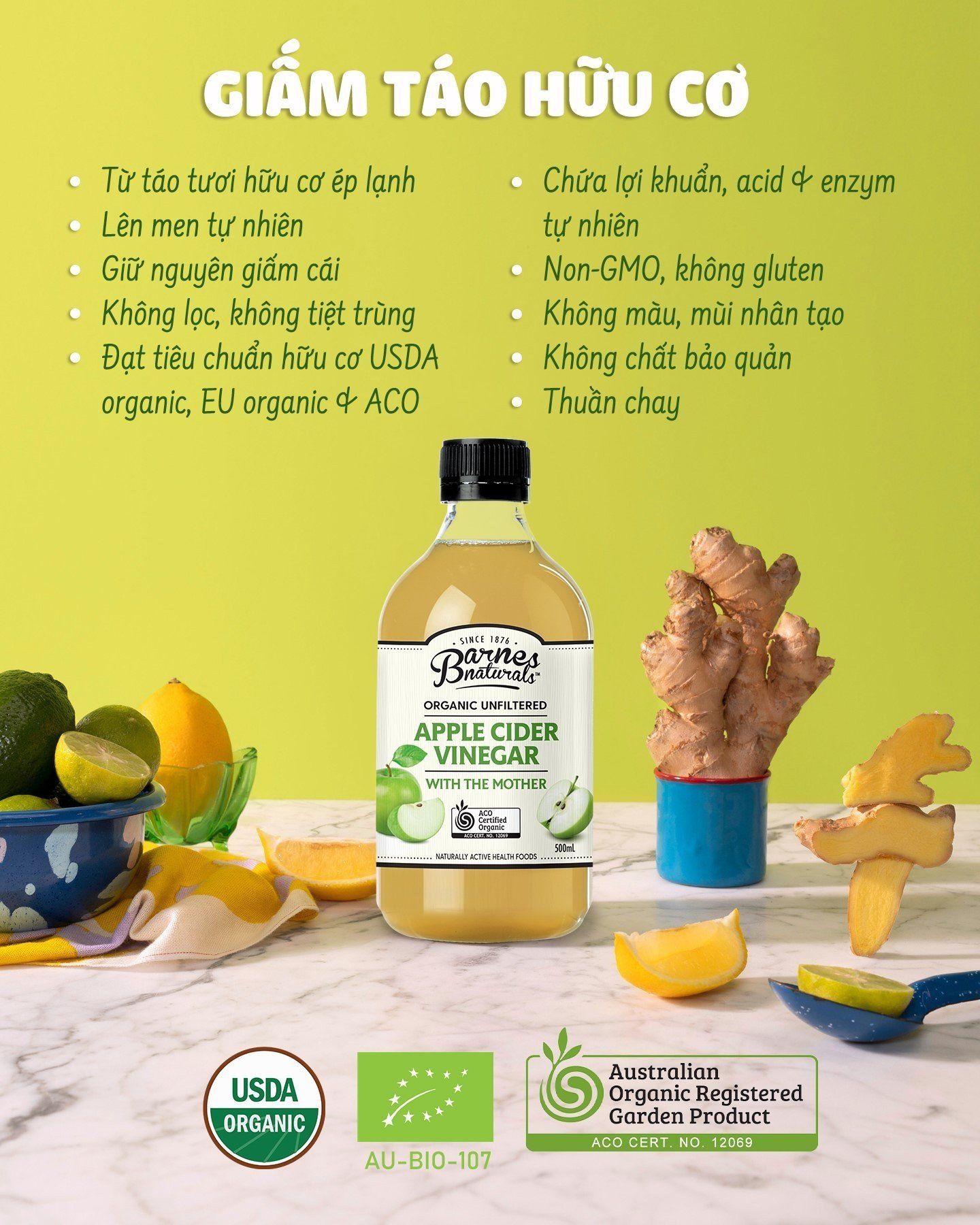 Giấm táo hữu cơ Apple Cider Vinegar Barnes Naturals chai 500ml