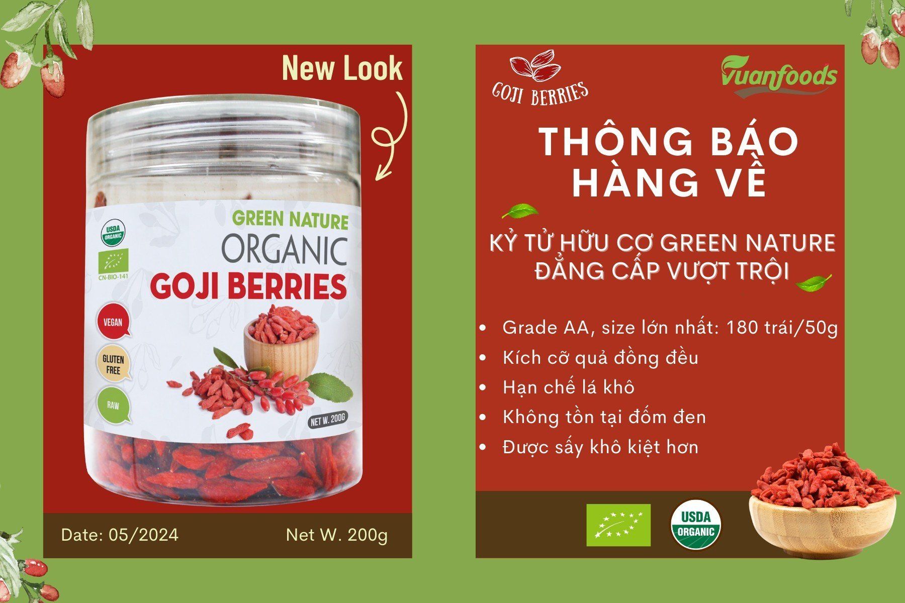 Kỷ tử Hữu Cơ Goji Berries hộp 200g (Green Nature)