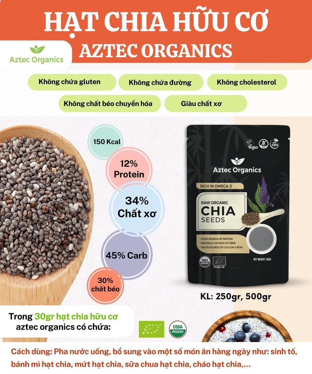 Hạt chia hữu cơ Raw Organic túi 500g (Aztec Organics)