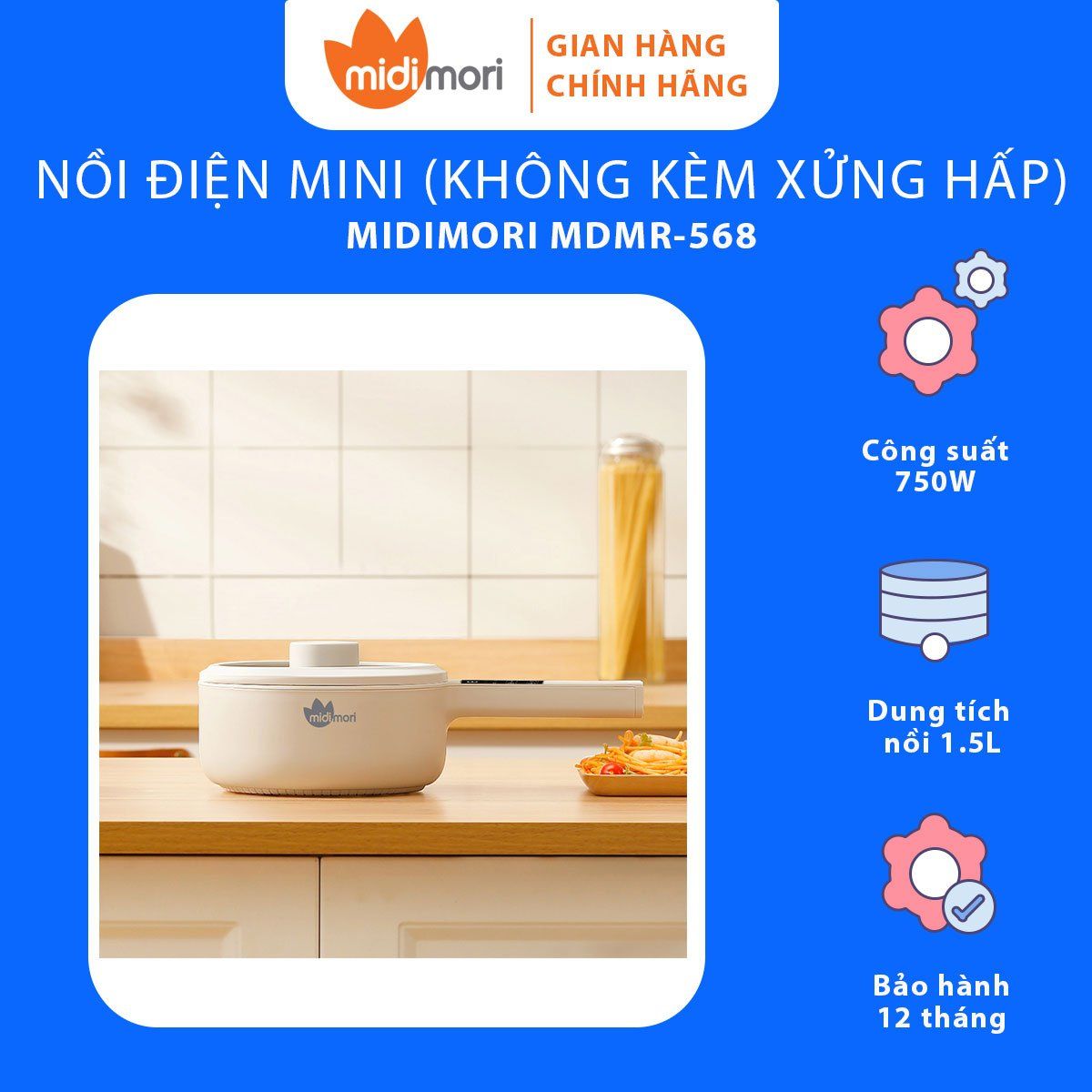 Nồi Lẩu Điện Đa Năng Mini Midimori MDMR-568 (750W) Kèm Xửng Hấp – Hàng Chính Hãng