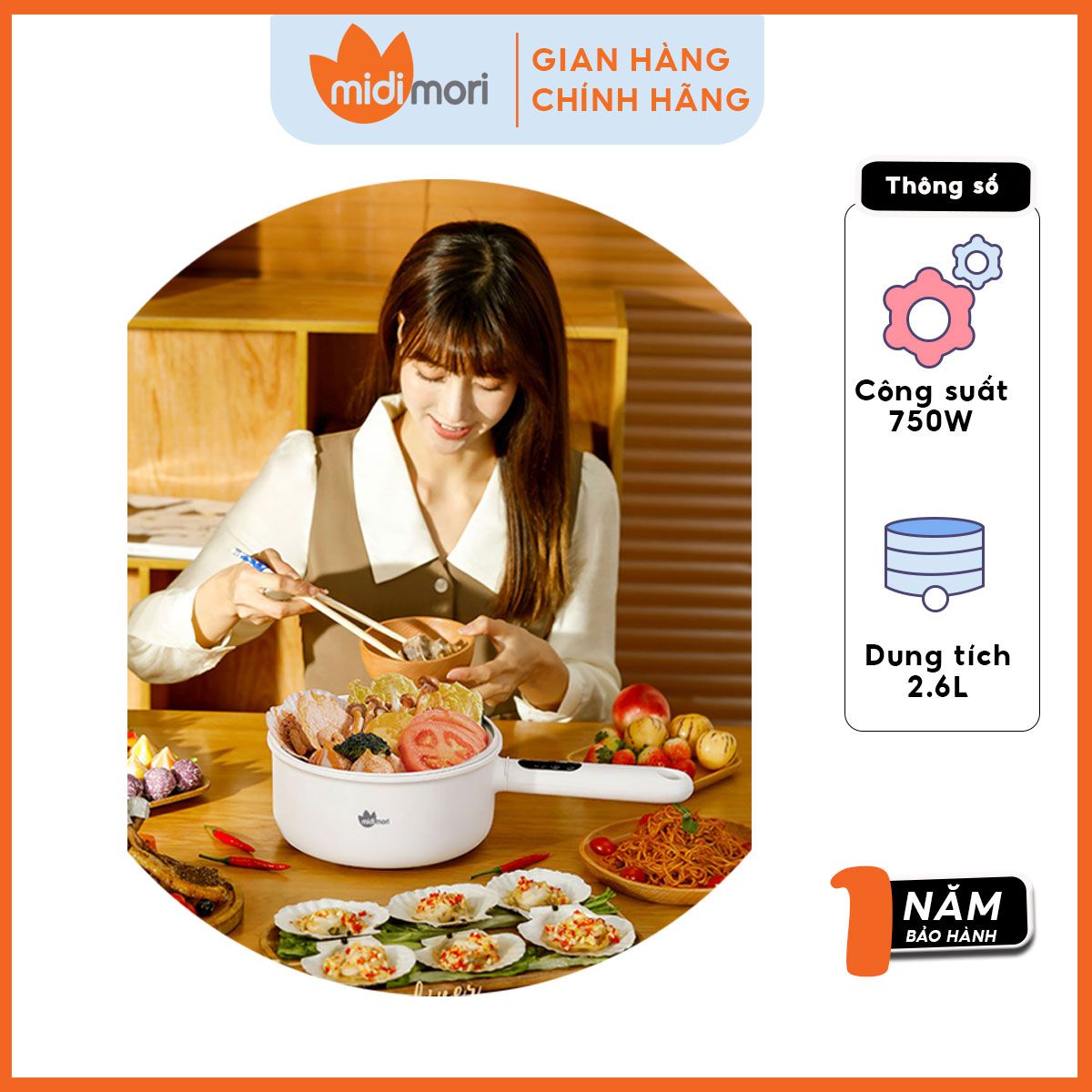 Nồi Lẩu Điện Đa Năng Dung Tích 2,6 Lít Midimori MDMR-569 (750W) Kèm Xửng Hấp – Hàng Chính Hãng