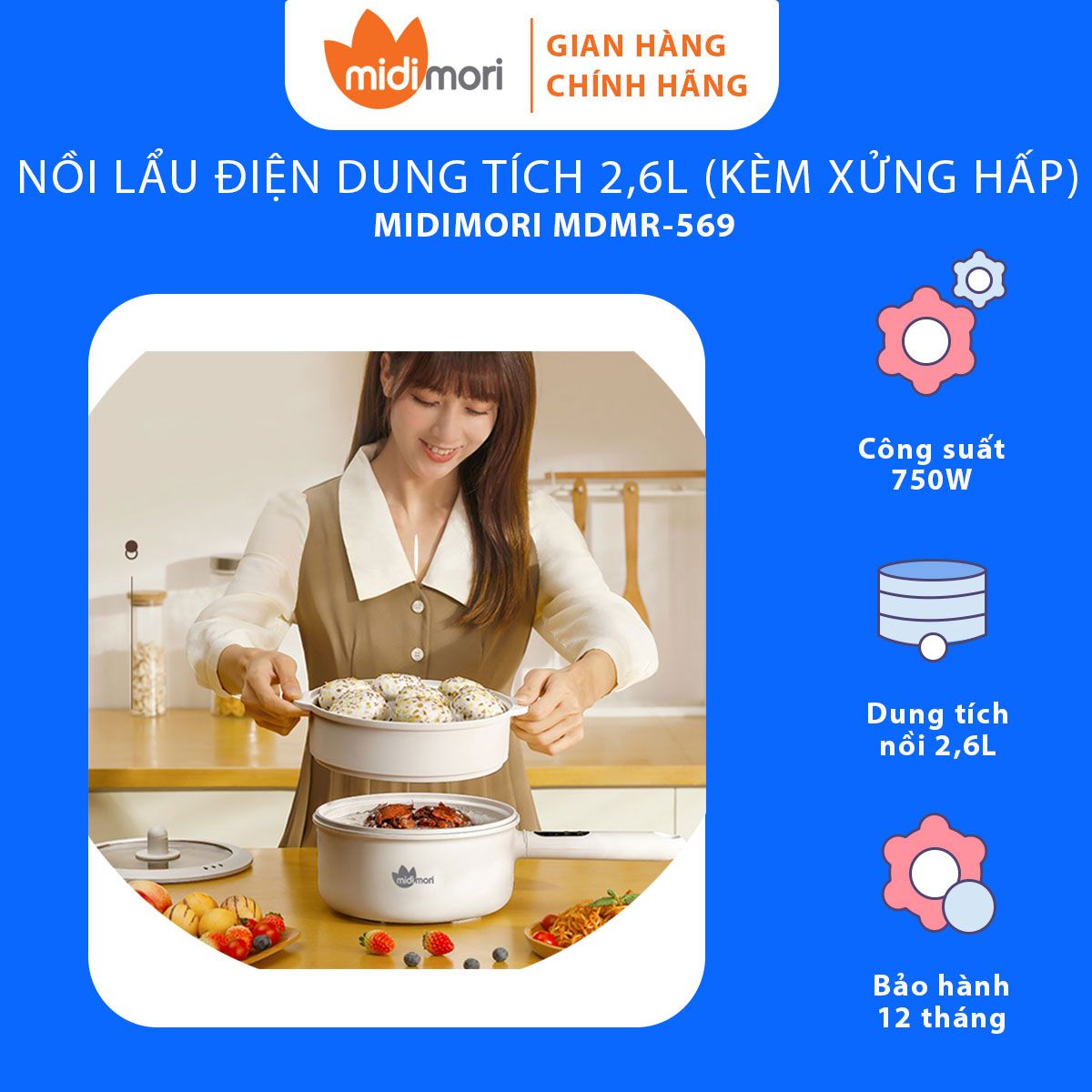 Nồi Lẩu Điện Đa Năng Dung Tích 2,6 Lít Midimori MDMR-569 (750W) Kèm Xửng Hấp – Hàng Chính Hãng