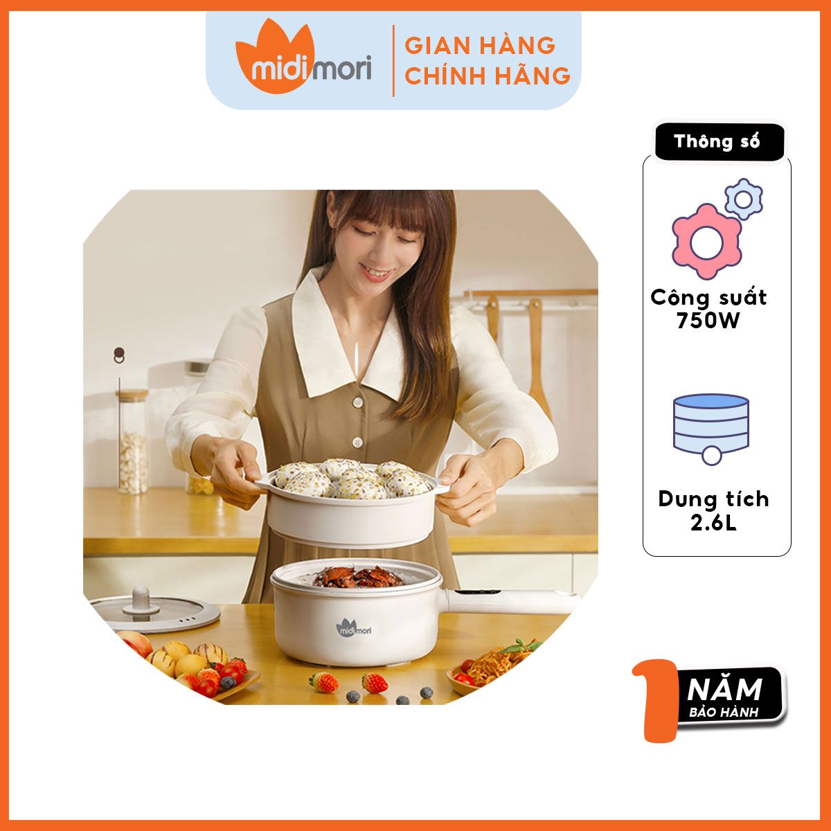 Nồi Lẩu Điện Đa Năng Dung Tích 2,6 Lít Midimori MDMR-569 (750W) Kèm Xửng Hấp – Hàng Chính Hãng
