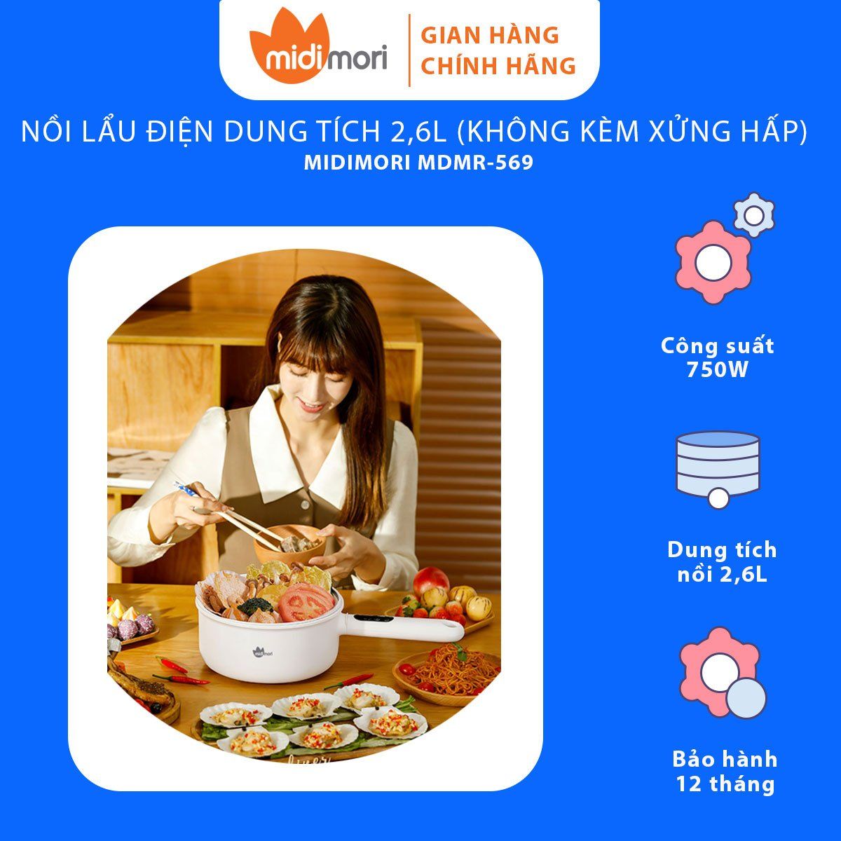 Nồi Lẩu Điện Đa Năng Dung Tích 2,6 Lít Midimori MDMR-569 (750W) Kèm Xửng Hấp – Hàng Chính Hãng