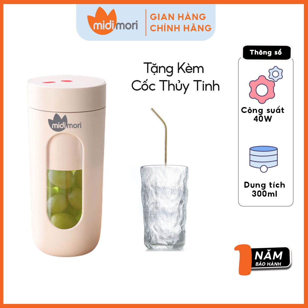  Máy Xay Sinh Tố Mini Cầm Tay Đa Năng Midimori MDMR-212 Tặng Kèm Ly Thủy Tinh Cao Cấp -  Hàng Chính Hãng 