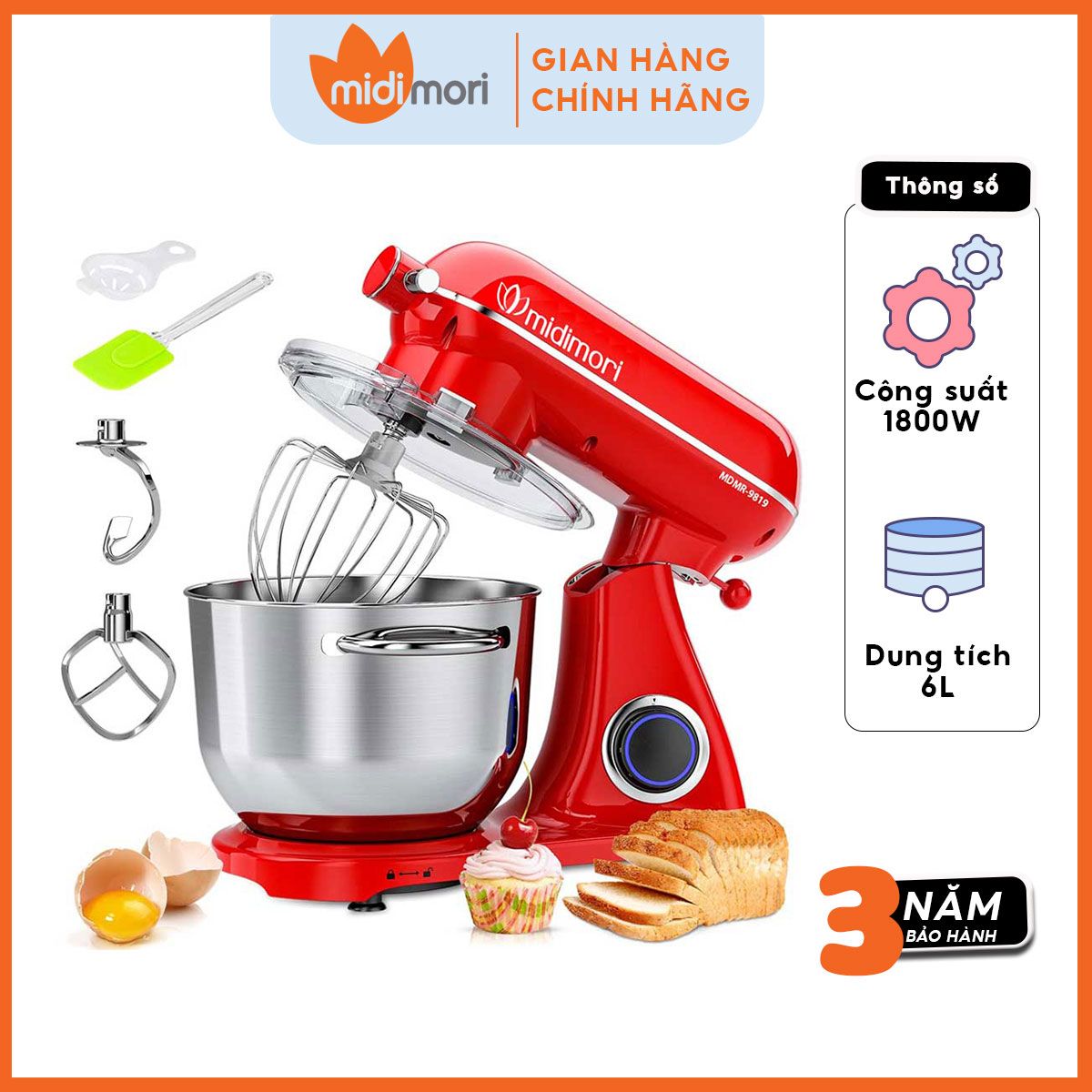 Máy nhào trộn bột Midimori 1800W, thân khung thép, cối inox 6 lít