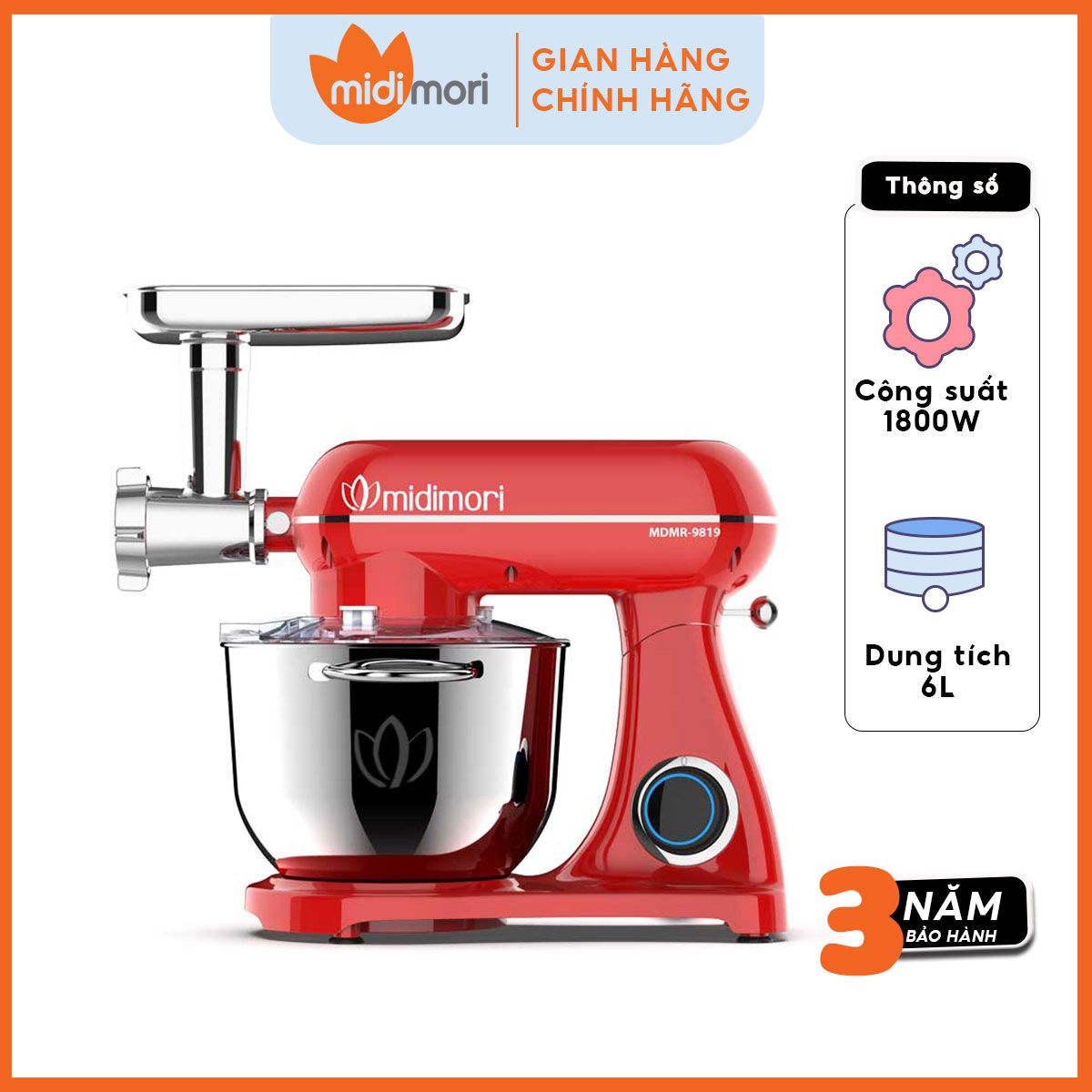 Máy nhào trộn bột, xay thịt đùn xúc xích Midimori 1800W, thân khung thép, cối inox 6 lít