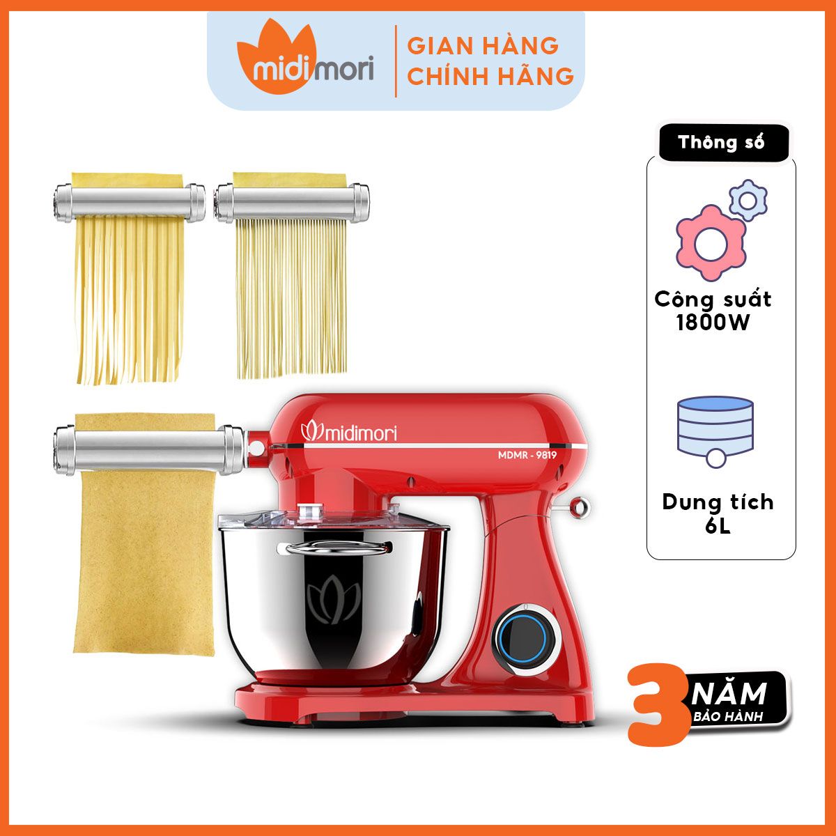 Máy trộn bột, cán bột cắt mỳ thành sợi thân khung thép Midimori, MDMR-9819C (1800W) - Hàng chính hãng