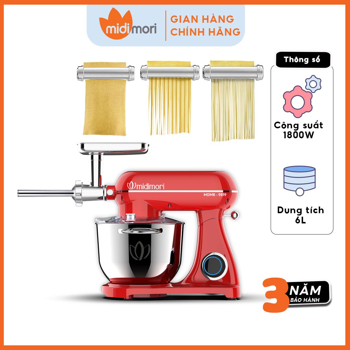 Máy Trộn Bột Xay Thịt, Đùn Xúc Xích, Cán Bột Cắt Mỳ Thành Sợi Thân Khung Thép Midimori, MDMR-9819D (1800W) - Hàng Chính Hãng