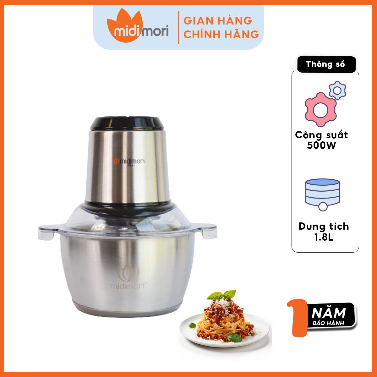  Máy xay thịt đa năng Midimori chopper Inox 304 GC-24338 (500W) - Hàng chính hãng 