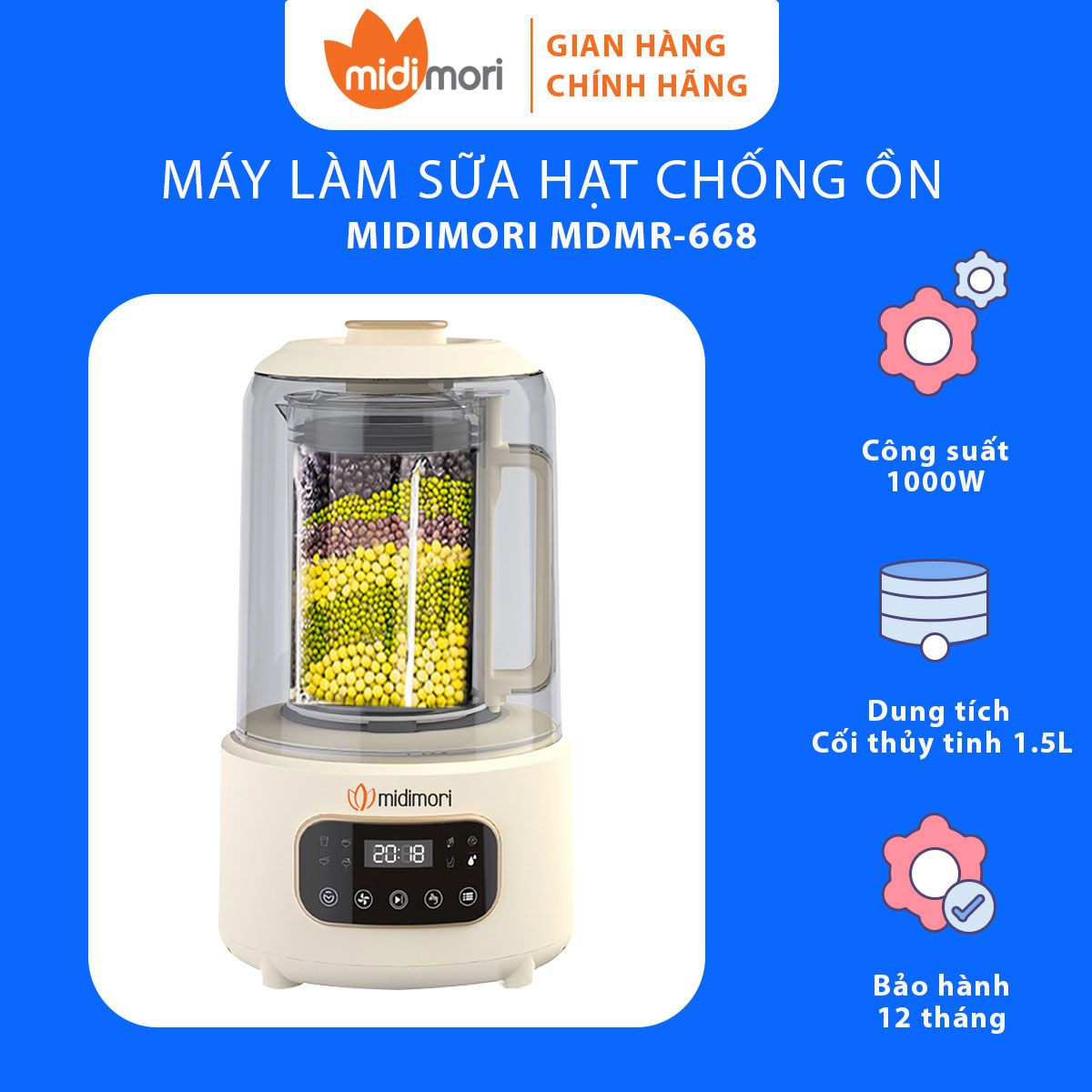  Máy Xay Nấu Làm Sữa Hạt Đa Năng Hút Chân Không Midimori MDMR-668 (1000W) - Hàng Chính Hãng 