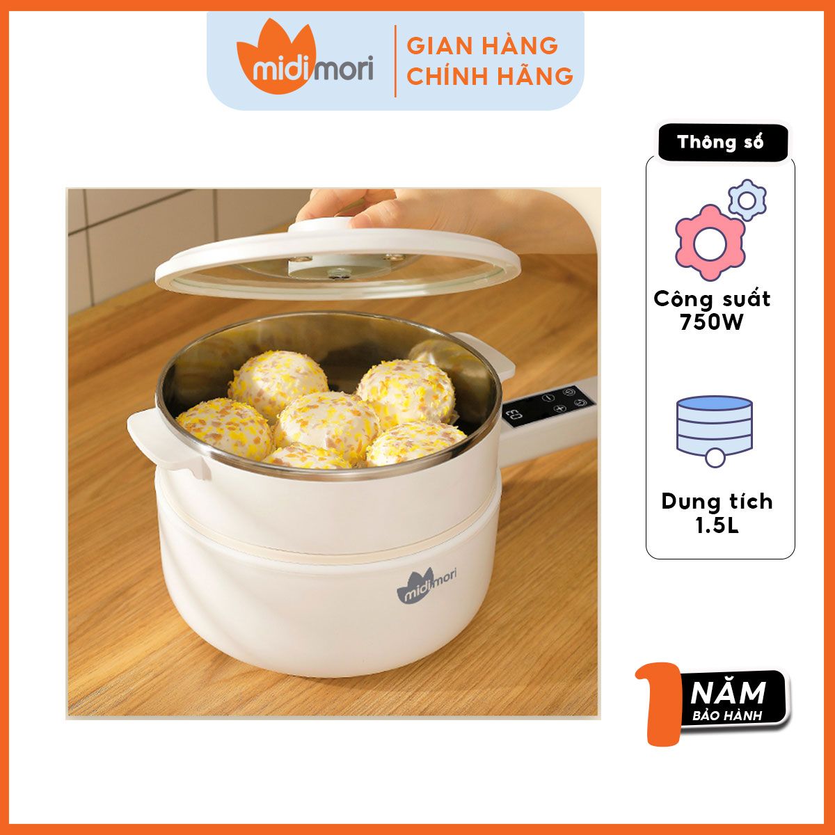 Nồi Lẩu Điện Đa Năng Mini Midimori MDMR-568 (750W) Kèm Xửng Hấp – Hàng Chính Hãng