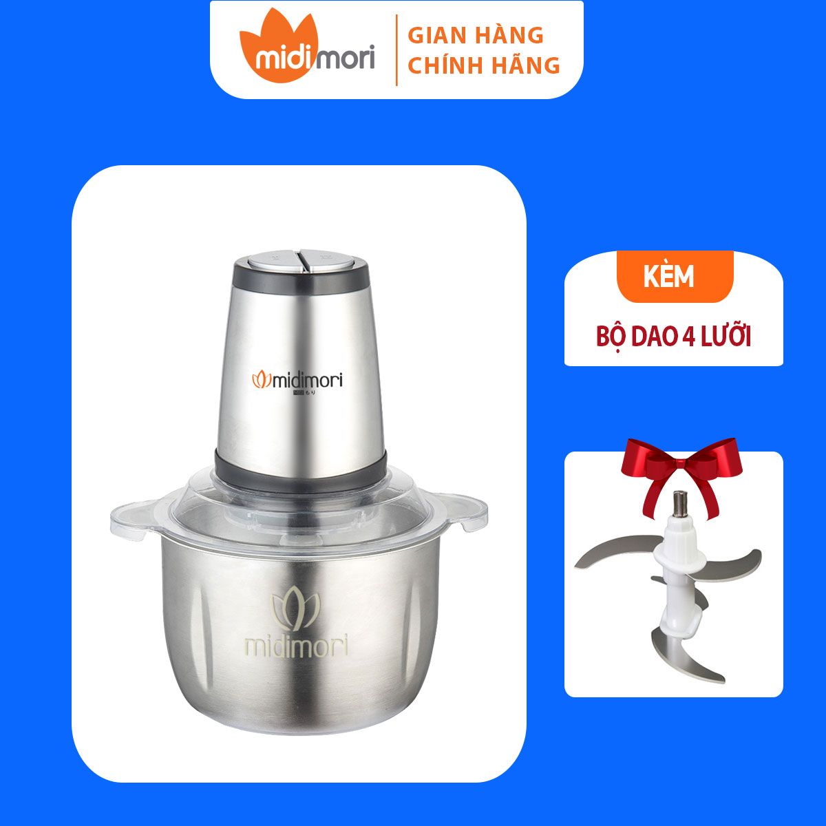 Máy Xay Thịt Cối Inox 3 Lít Midimori (800W) - Tặng Kèm 1 Bộ Lưỡi Dao (4 Lưỡi) Dự Phòng - Hàng Chính Hãng