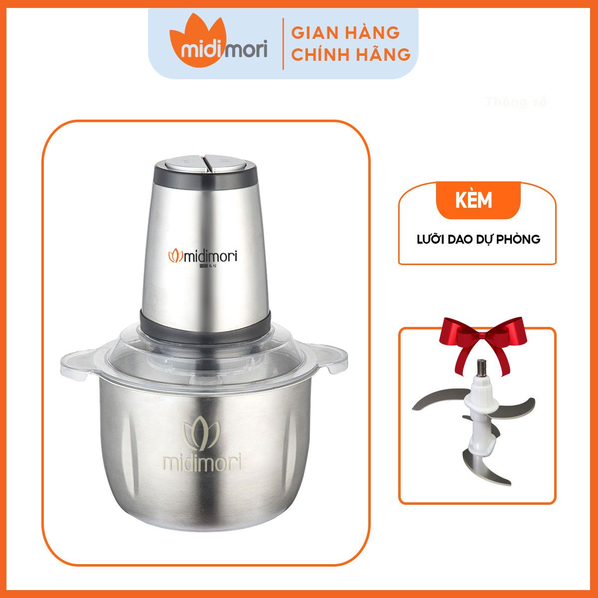 Máy Xay Thịt Cối Inox 3 Lít Midimori (800W) - Tặng Kèm 1 Bộ Lưỡi Dao (4 Lưỡi) Dự Phòng - Hàng Chính Hãng