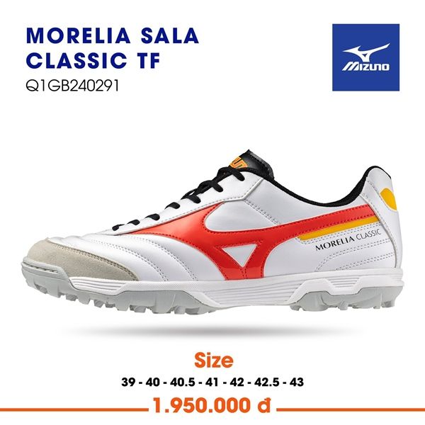  Giày Bóng Đá Chính Hãng Mizuno Morelia Sala Classic trắng lưỡi gà đen logo đỏ TF 