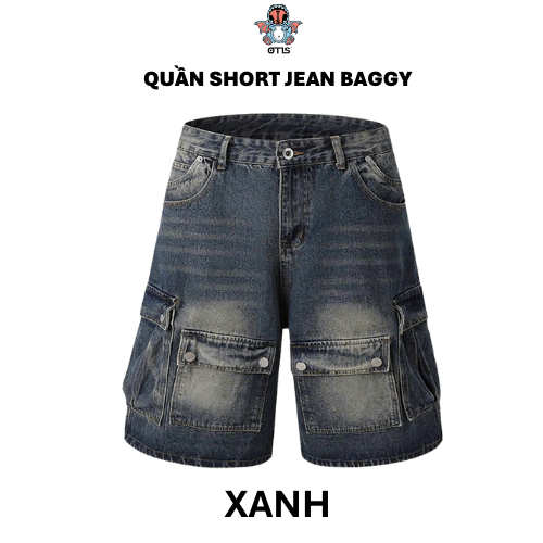 Quần short jean baggy giả túi form unisex cạp thấp - Otis Club