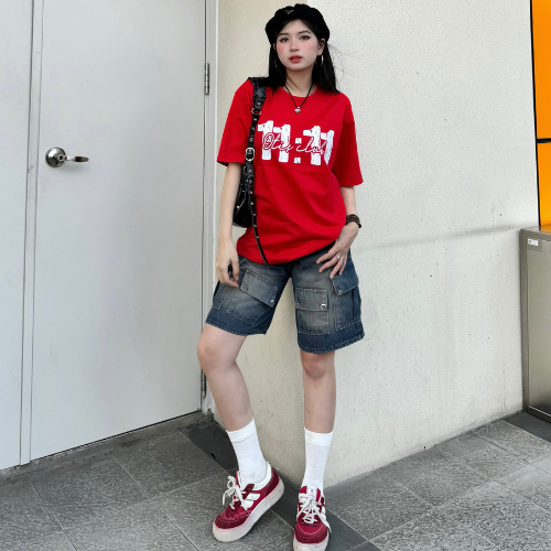 Quần short jean baggy giả túi form unisex cạp thấp - Otis Club