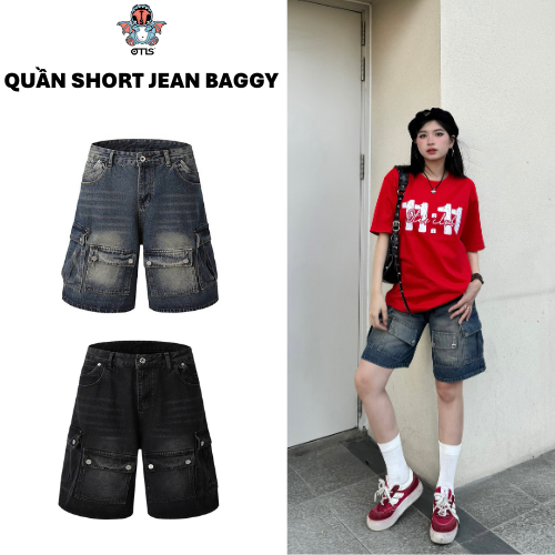 Quần short jean baggy giả túi form unisex cạp thấp - Otis Club