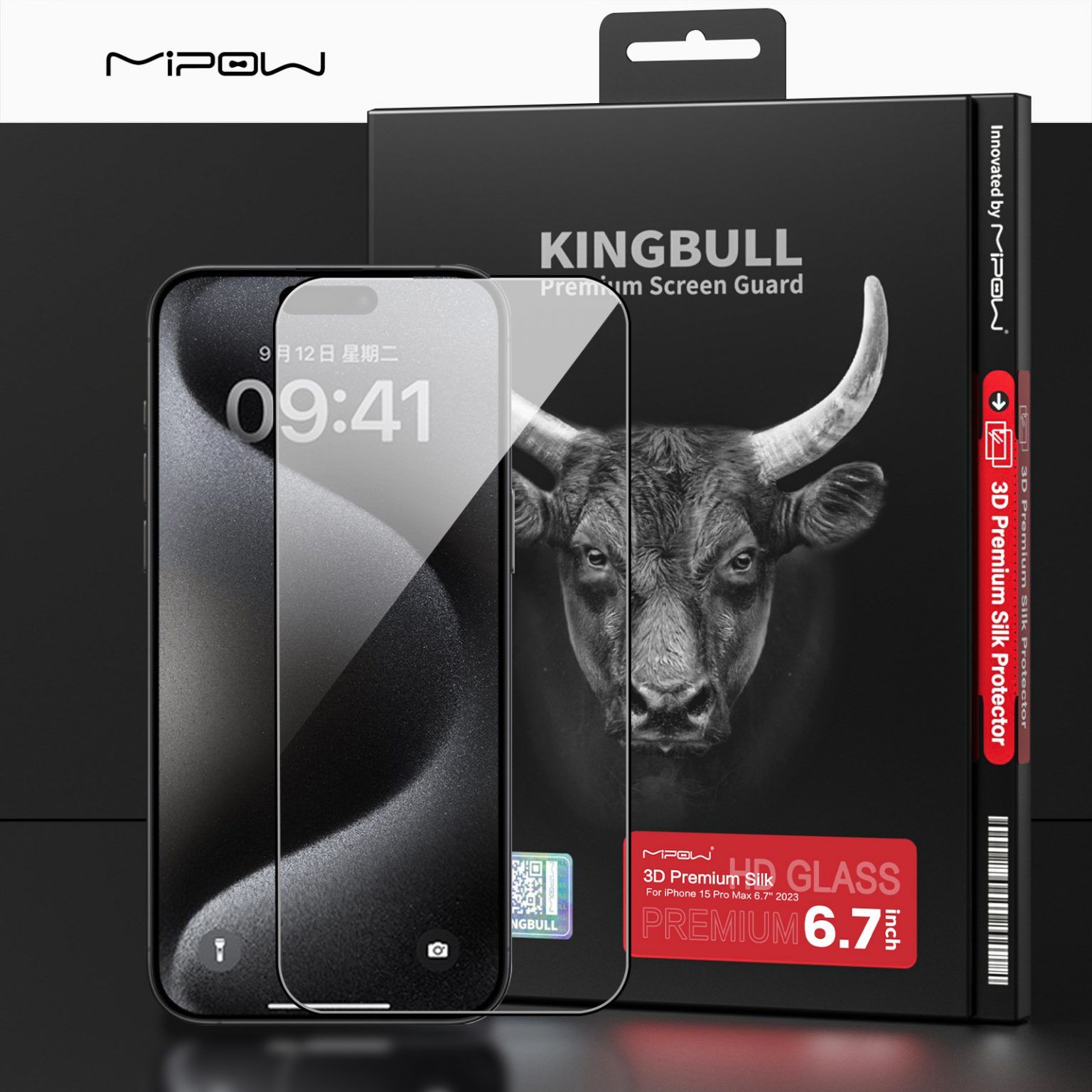  Dán Cường Lực Mipow KingBull iPhone 15 Pro Max 3D Premium Silk Protector 