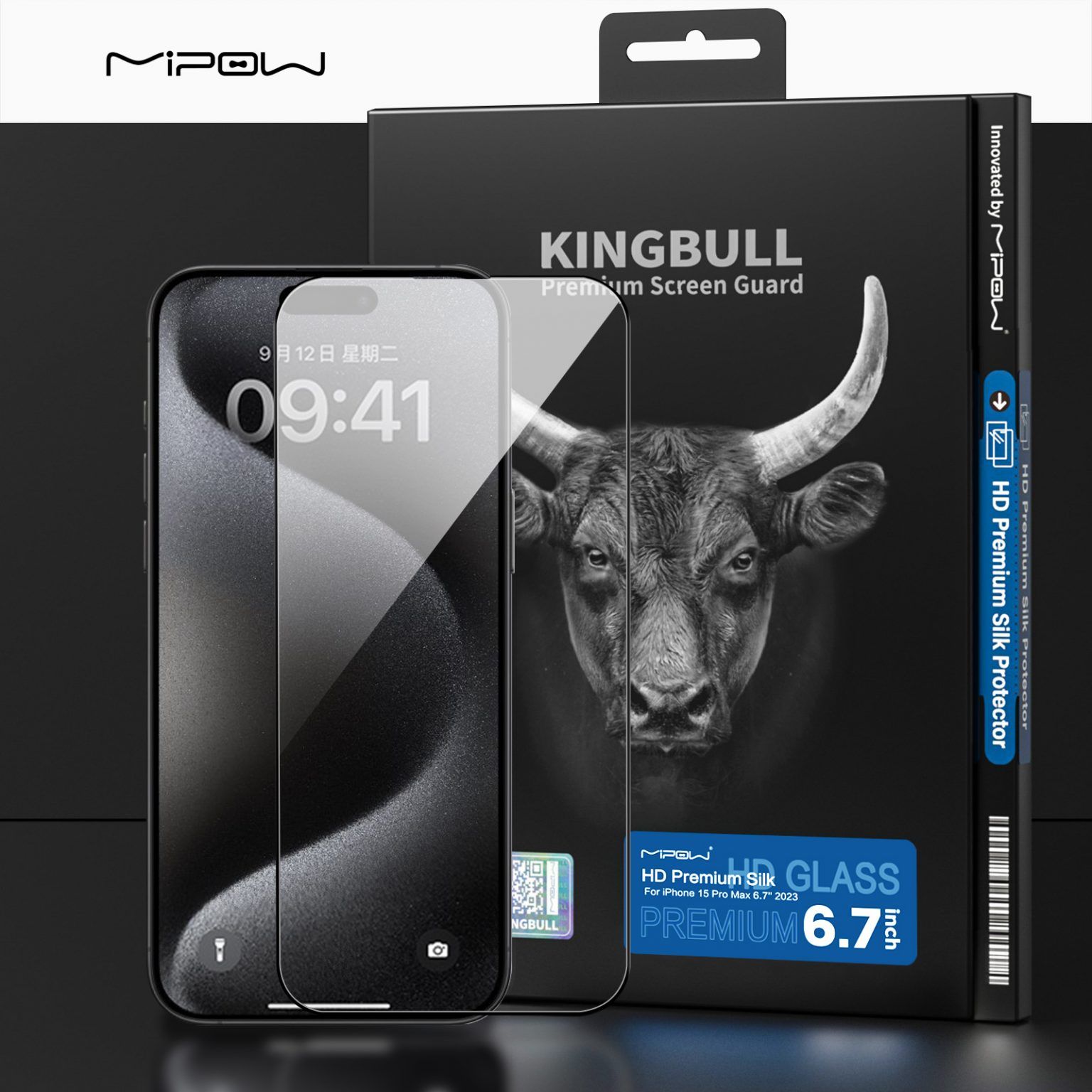  Dán Cường Lực Mipow KingBull iPhone 15 Pro Max HD Premium Silk Protector 