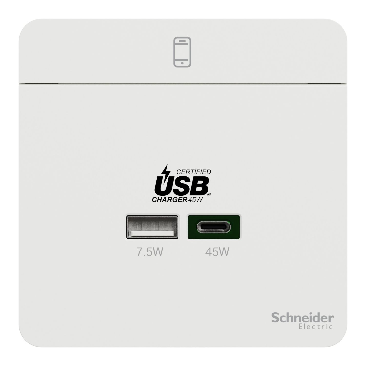 Bộ sạc âm tường Schneider USB-A 7.5W và USB-C 45W màu trắng E832USB45_WE